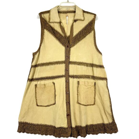 Free People Adeline Goat Suede Crochet Retro Boho Mini Dress Tan/Brown Size M - Picture 7 of 14